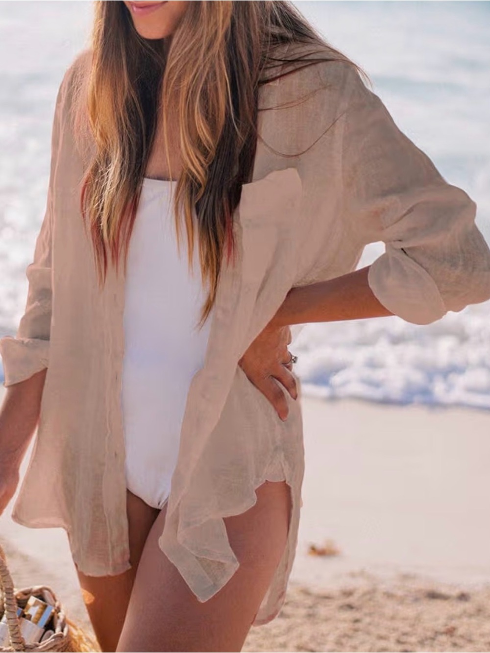 Lightweight Beige Button-Down Sheer Shirt - Beach Cover Layer- one size